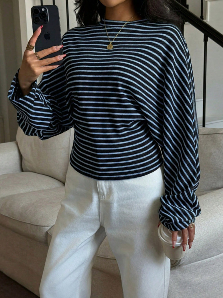 Casual Striped Long Sleeve Batwing T-Shirt in Brown with stretch