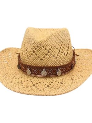 Women's woven straw cowboy hat in ivory with a decorative boho band and coin charms.