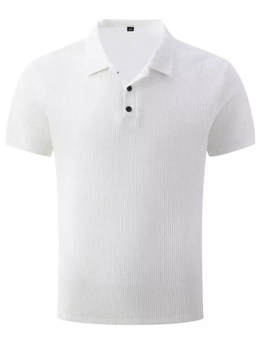 White textured weave polo shirt with maxi collar and two black buttons.