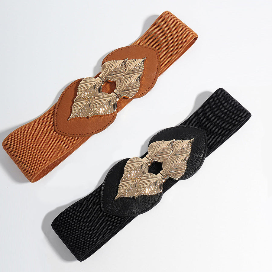 Elasticated waist cincher belt in caramel and black with gold leaf buckle detail.