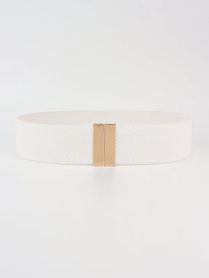 White elastic belt with gold clasp detail