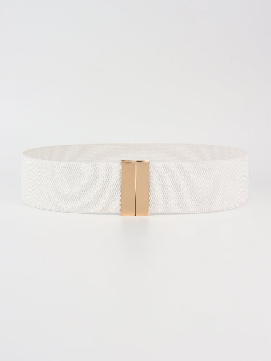 White elastic belt with gold clasp detail