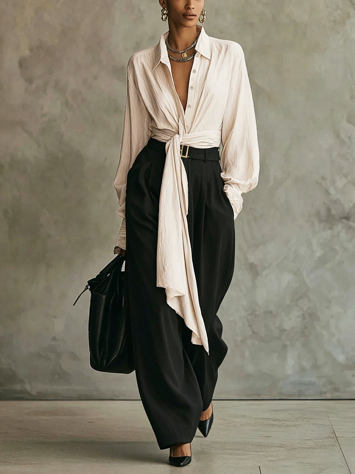 two-piece set in ivory featuring tied and relaxed fit