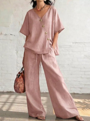 Full Size Surplice Half Sleeve Top And Wide-leg Pants Set in Blue