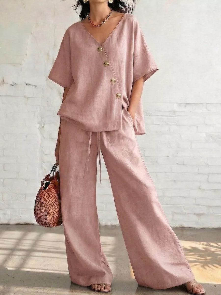 Full Size Surplice Half Sleeve Top And Wide-leg Pants Set in Blue
