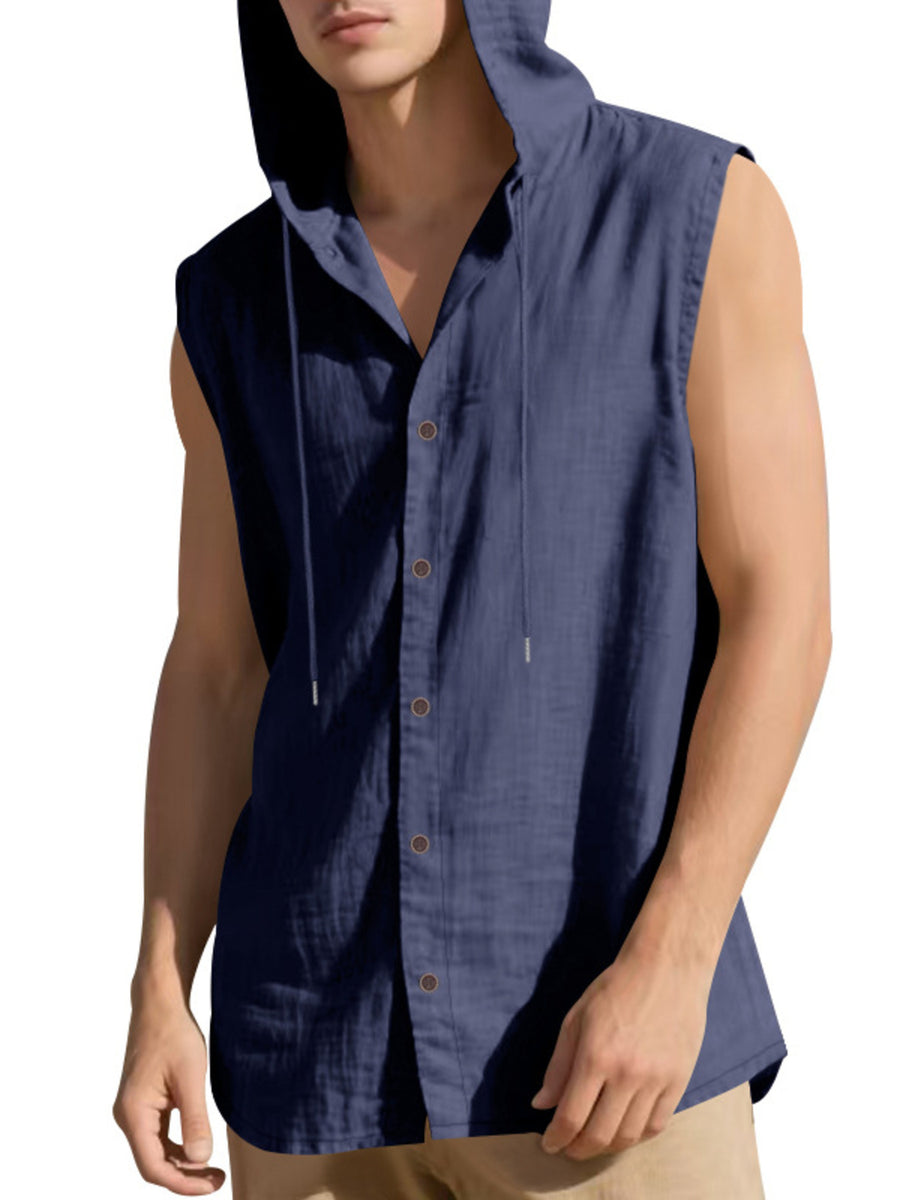 Navy blue cotton hooded sleeveless button-up shirt with drawstring