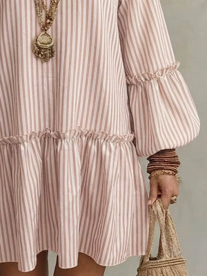 Light Yellow Striped Balloon Sleeve Mini Dress Plus Size