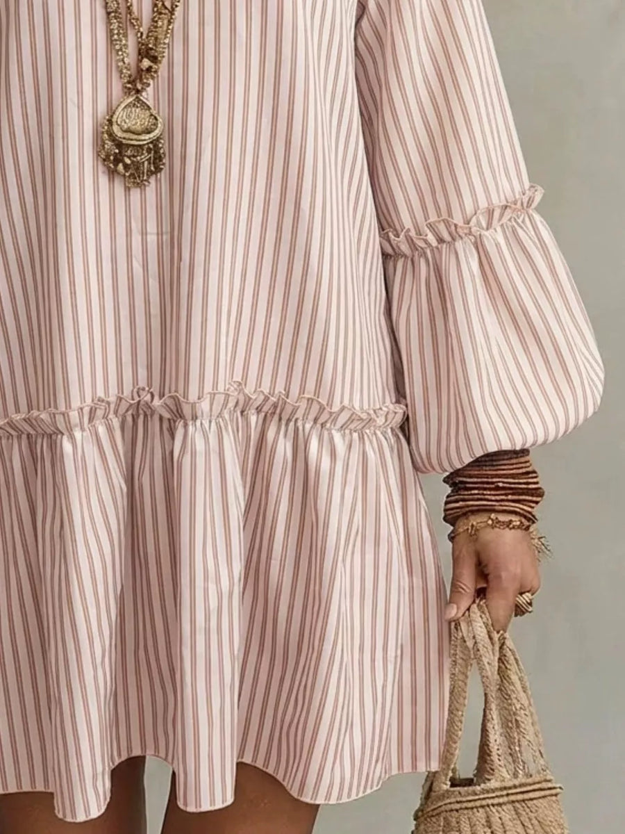 Light Yellow Striped Balloon Sleeve Mini Dress Plus Size