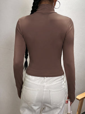 minimalist t-shirt in chocolate brown with mock neck