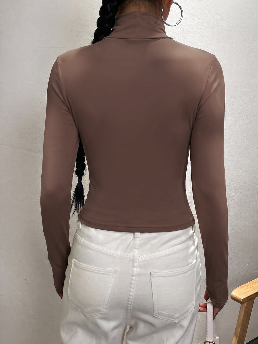 minimalist t-shirt in chocolate brown with mock neck