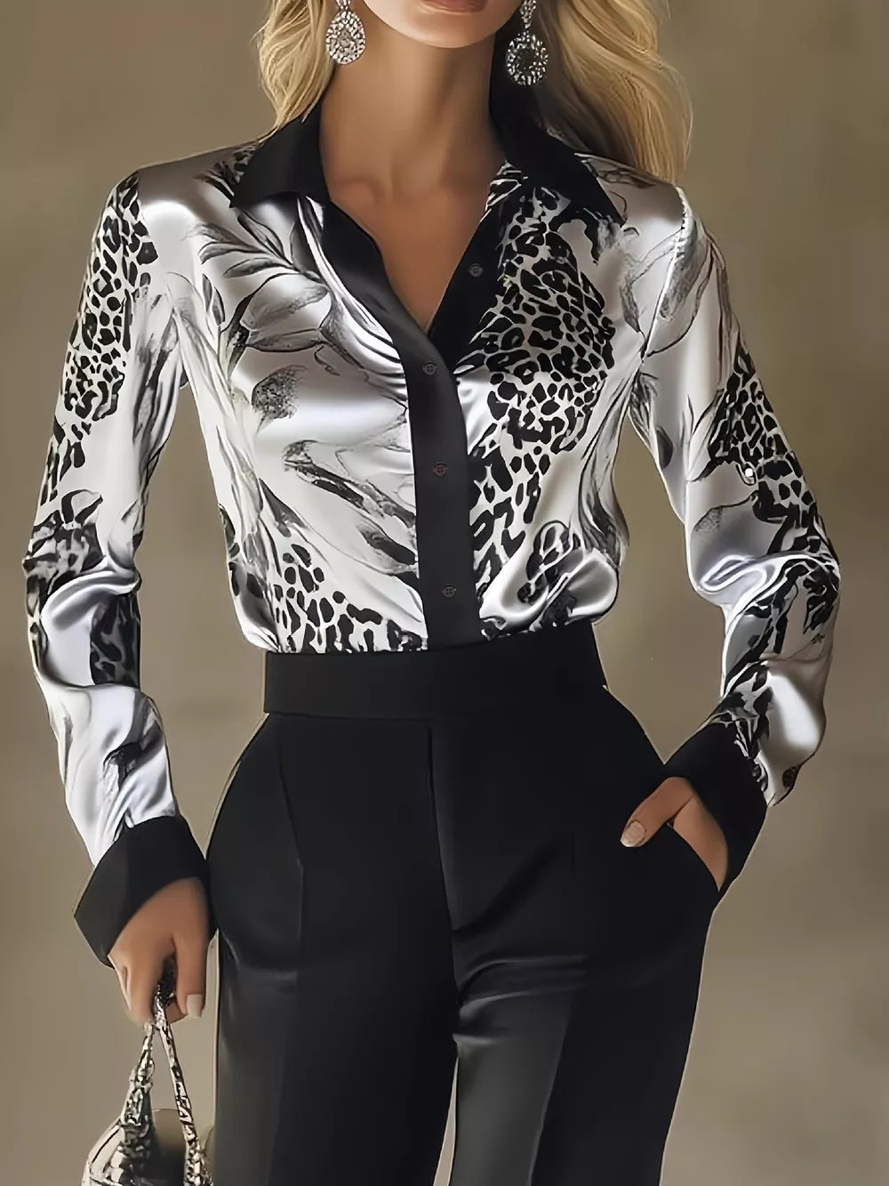 silver button-up shirt with leopard-print and collared