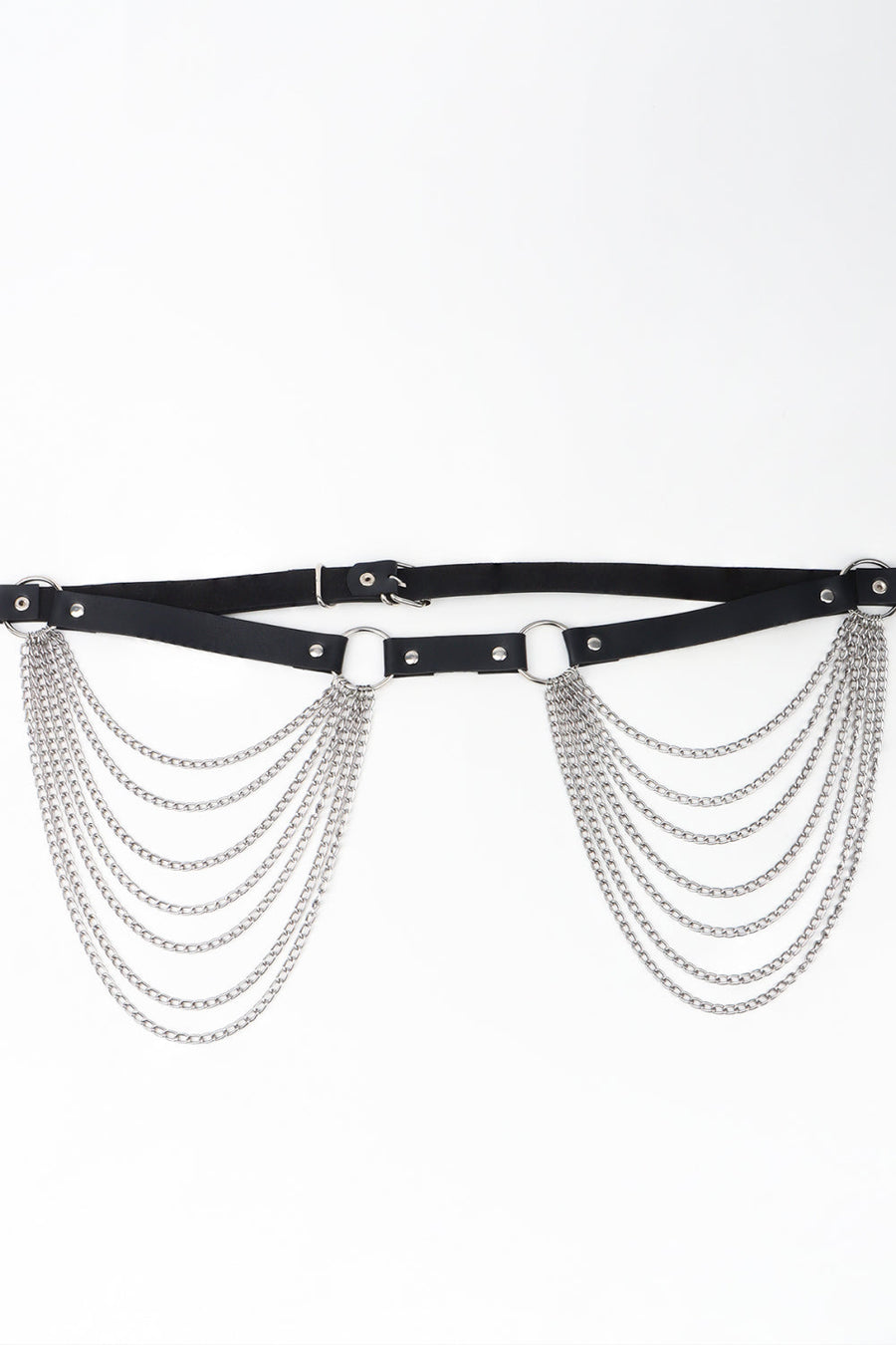 Black belt with cascading silver chains and silver hardware