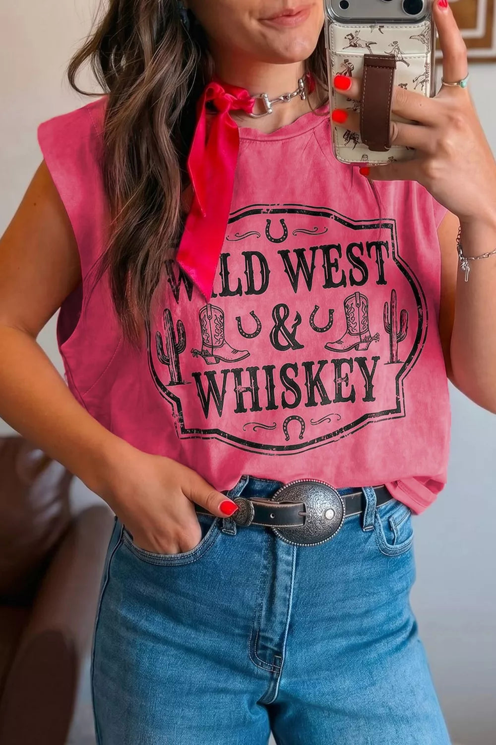 Deep rose cotton graphic tank top with Wild West & Whiskey print, featuring a distressed look.