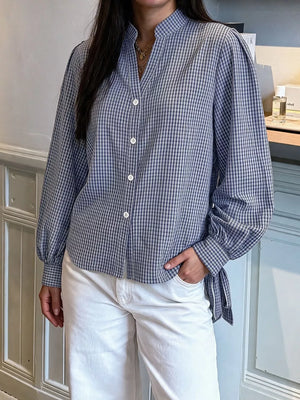 button-up shirt in Navy with gingham and tied sleeves