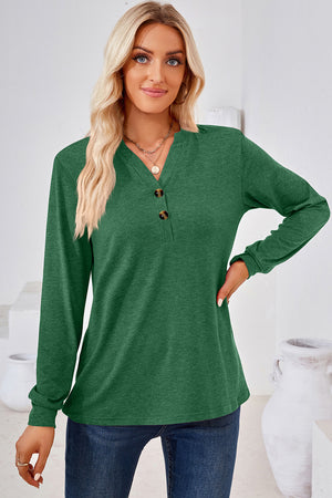 Dark green Henley button-down knit top with a V-neck and two brown buttons.