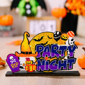 Spooky Scene Halloween tabletop decor with witch hat, RIP tombstone, gnome, pumpkins, bats, and Party Night text.