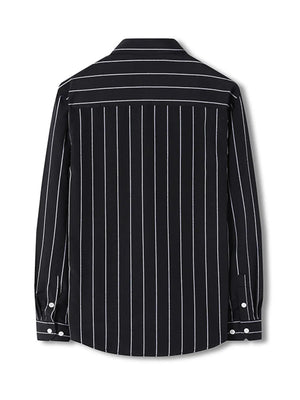 Black striped long sleeve men's shirt with buttoned cuffs and collar.