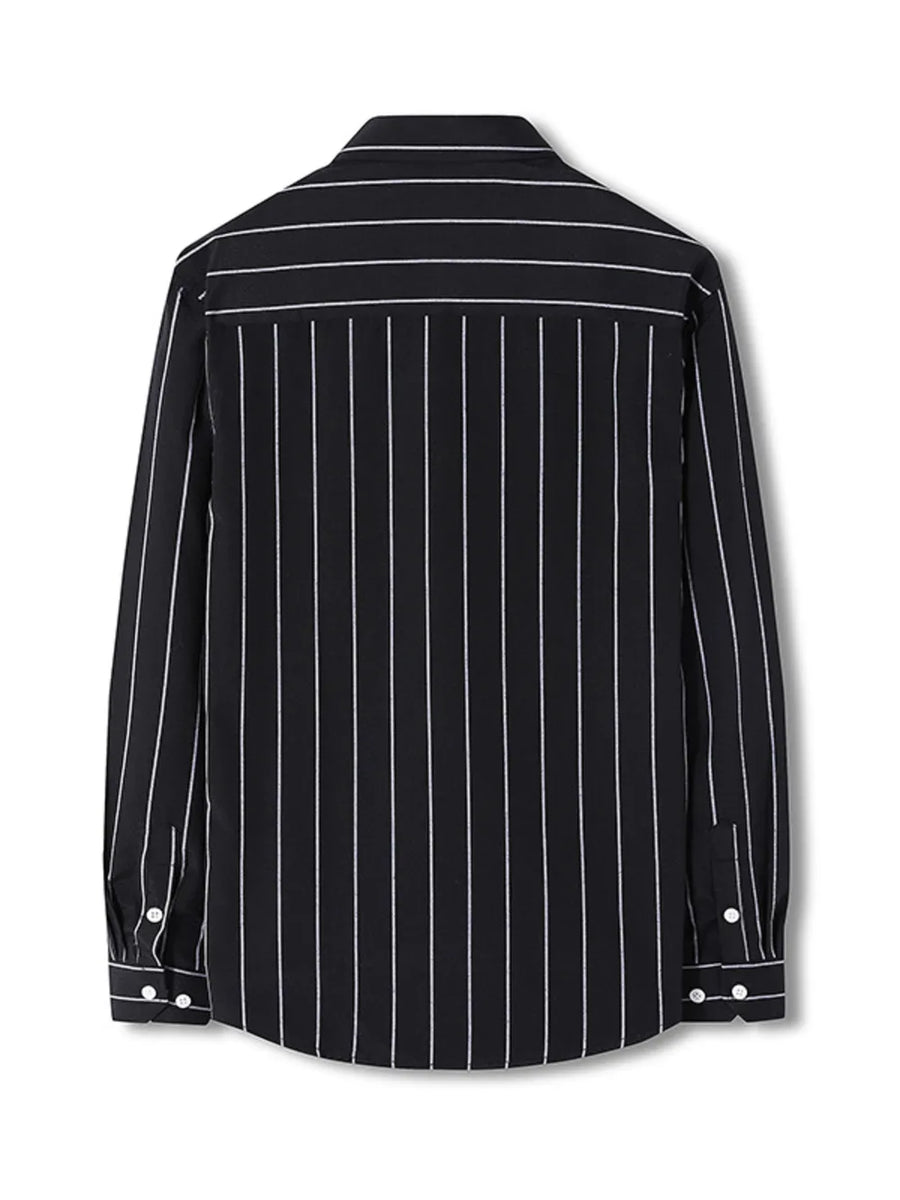 Black striped long sleeve men's shirt with buttoned cuffs and collar.