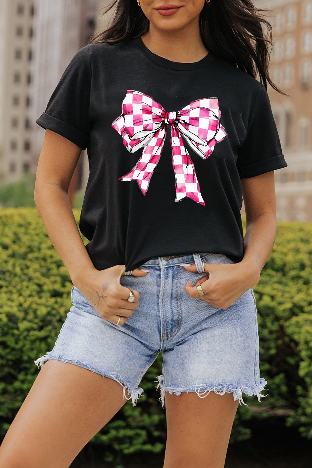 Vonili black gingham bow graphic tee