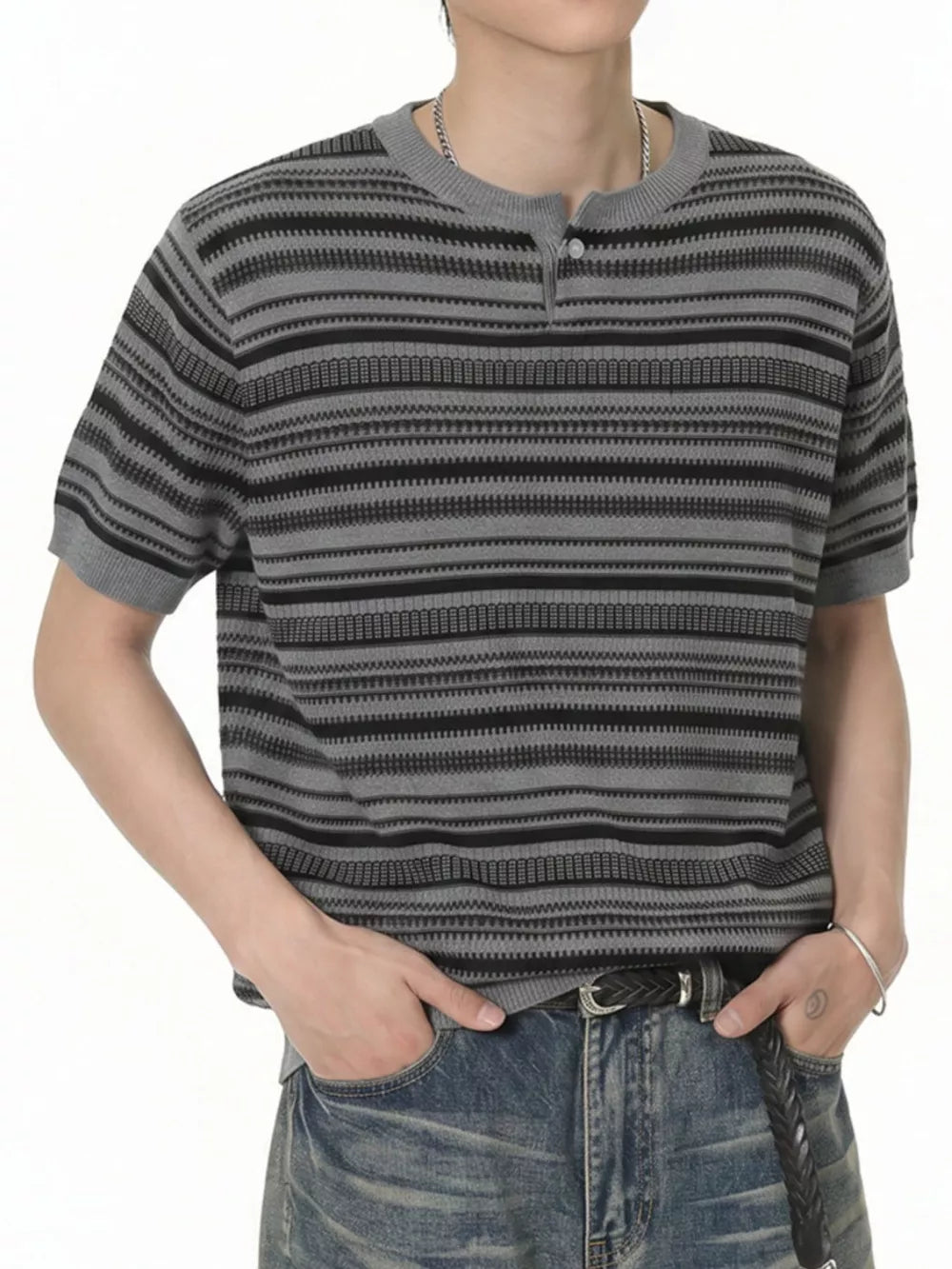 Textured grey henley t-shirt with black stripes and button detail.
