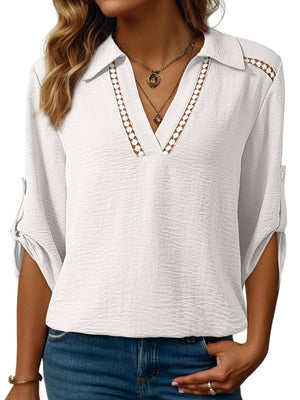 White crinkled texture shirt with Johnny collar, V-neck, and cut-out detail.
