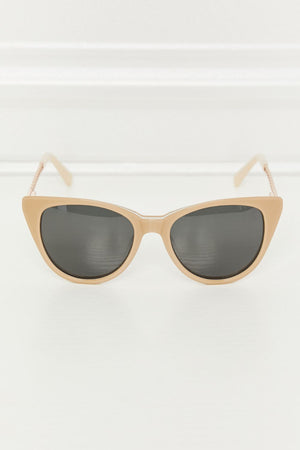 Cat-eye acetate sunglasses in mocha with chain detail on temples