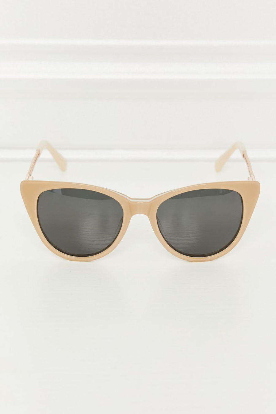Cat-eye acetate sunglasses in mocha with chain detail on temples