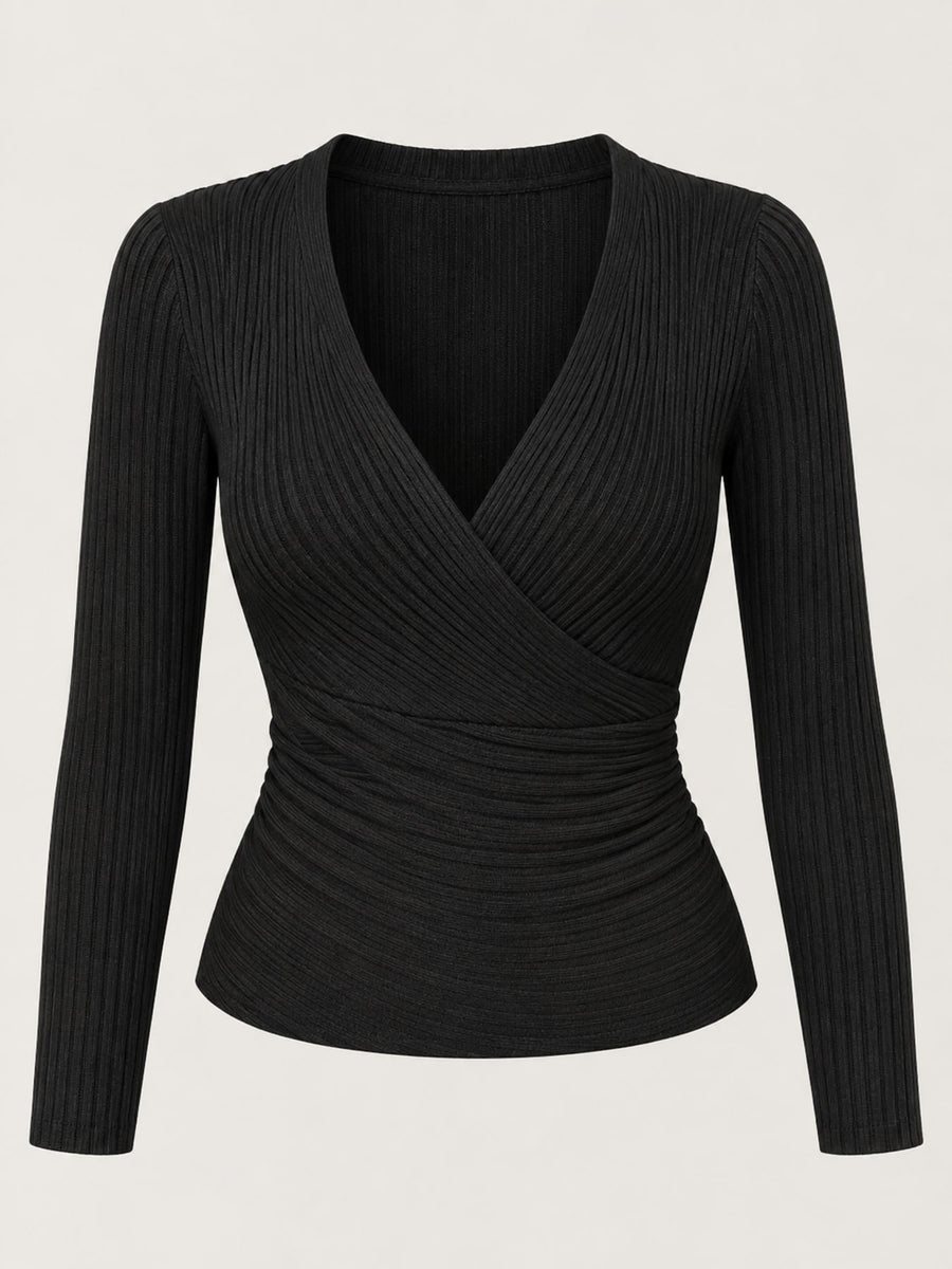 Polyester content is at least 90% and less than 95% wrap top in Burgundy with fitted silhouette