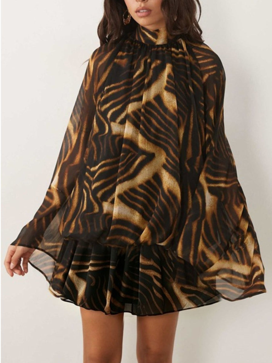 Yellow flared mini dress with mock neck