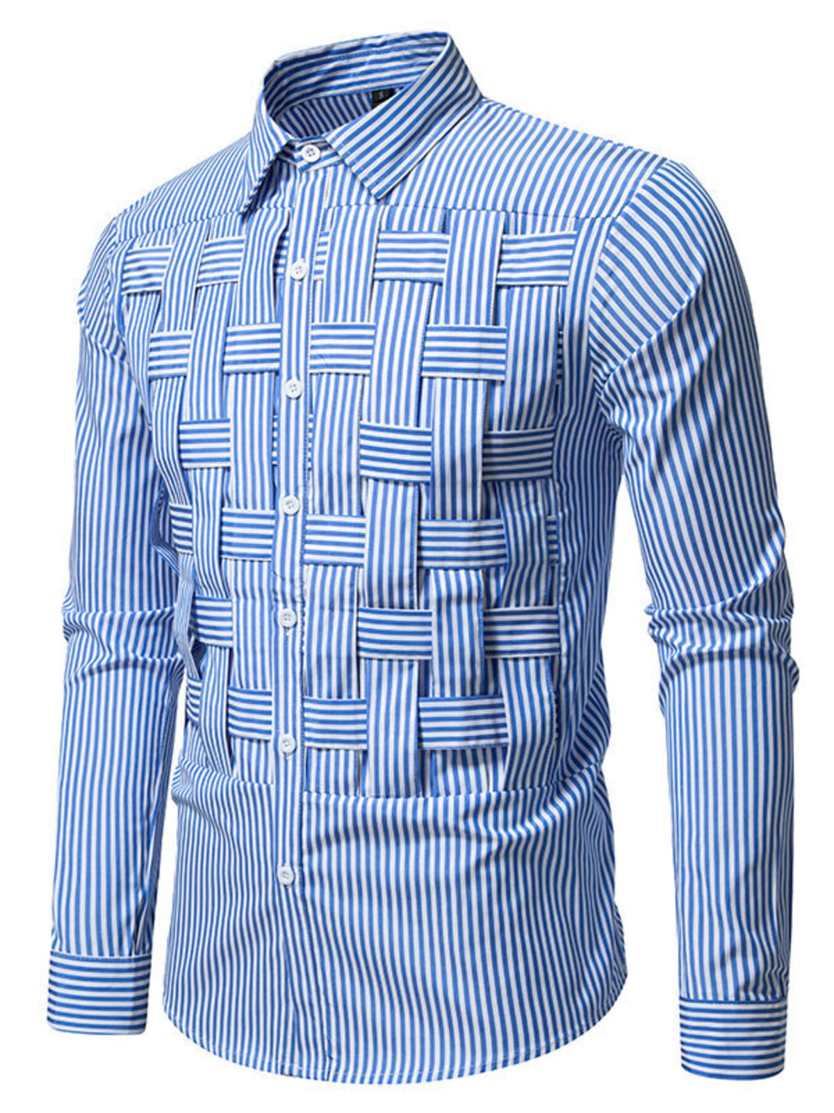 Blue striped button-down shirt with woven front detail