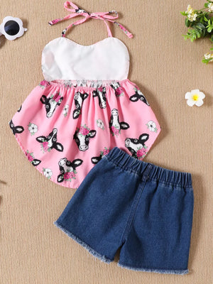 Children's Halter Neck Cami And Denim Shorts Set in Pink, view 13