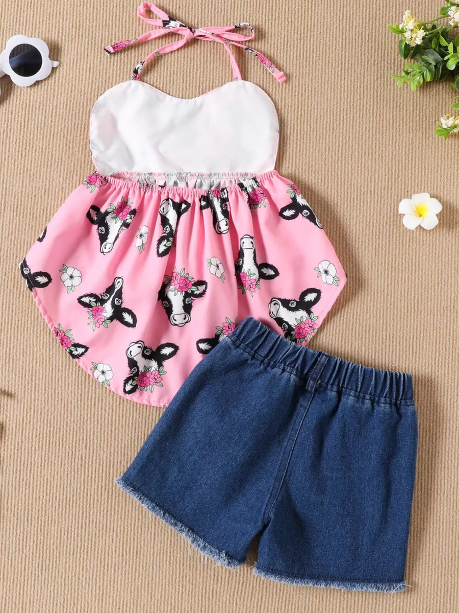 Children's Halter Neck Cami And Denim Shorts Set in Pink, view 13