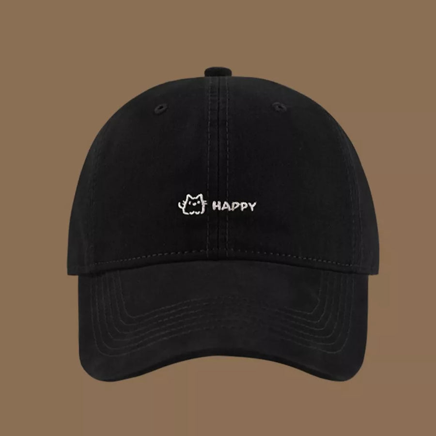 Black cotton baseball hat with embroidered cat and happy text detail