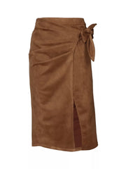 Brown suede midi skirt with tie detail and side slit