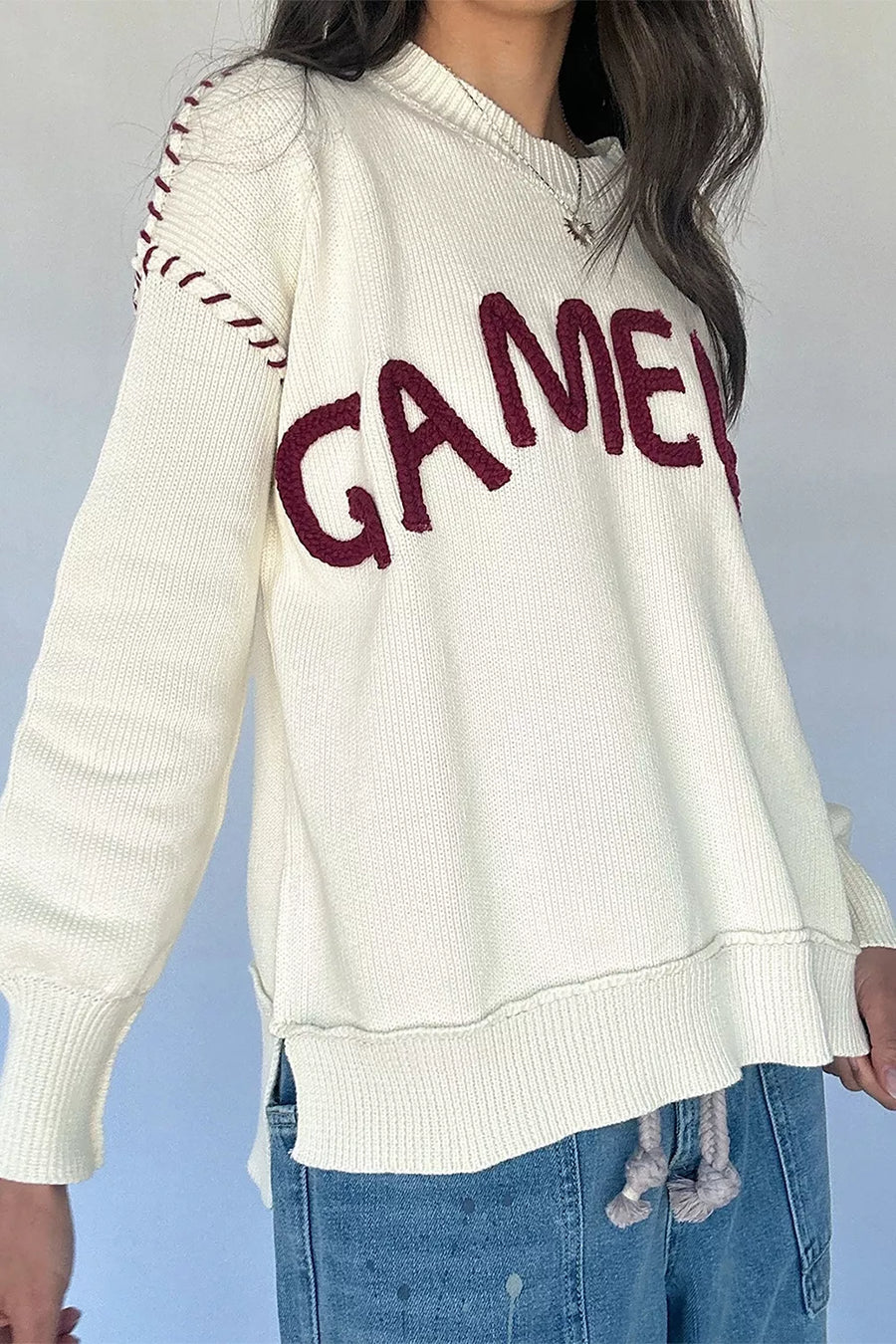 White with Drop Shoulder Game Day Letter Sweater
