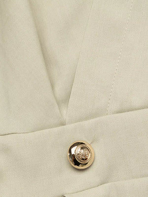 Pleated Button Detail Long Sleeve Shirt Dress in light beige with buttoned