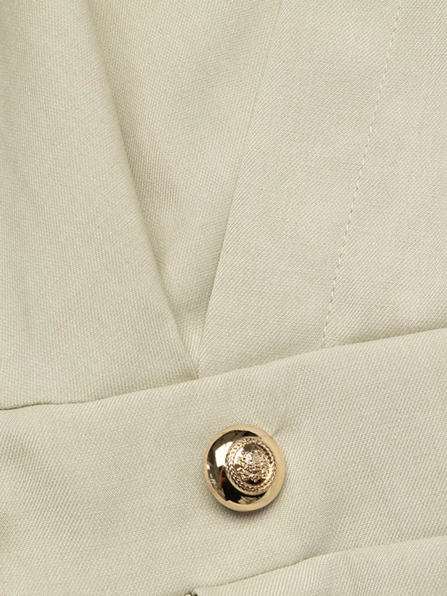 Pleated Button Detail Long Sleeve Shirt Dress in light beige with buttoned