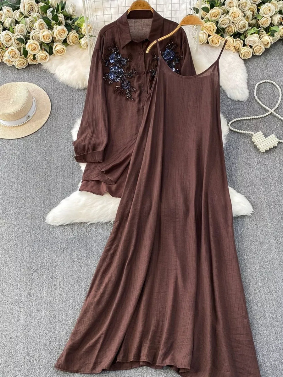 Brown embroidered floral two-piece set with collared shirt and cami dress.
