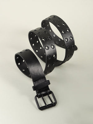 Black vegan leather belt with double grommets and a black buckle.
