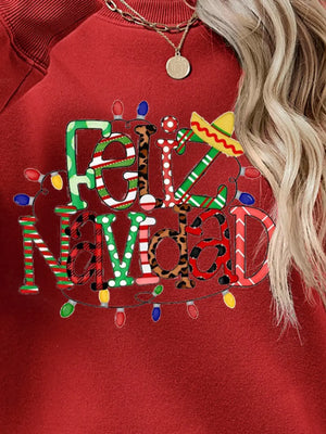 Deep Red Feliz Navidad graphic sweatshirt with festive lights and sombrero detail.