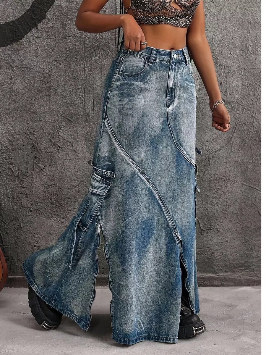 70% cotton, 28% polyester, 2% elastane Care instructions: Machine wash cold maxi skirt in light blue with A-line silhouette