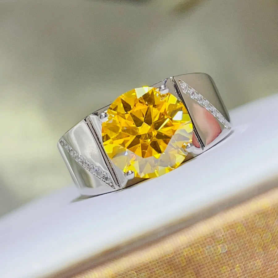 Radiant yellow moissanite and silver band ring with small accent stones