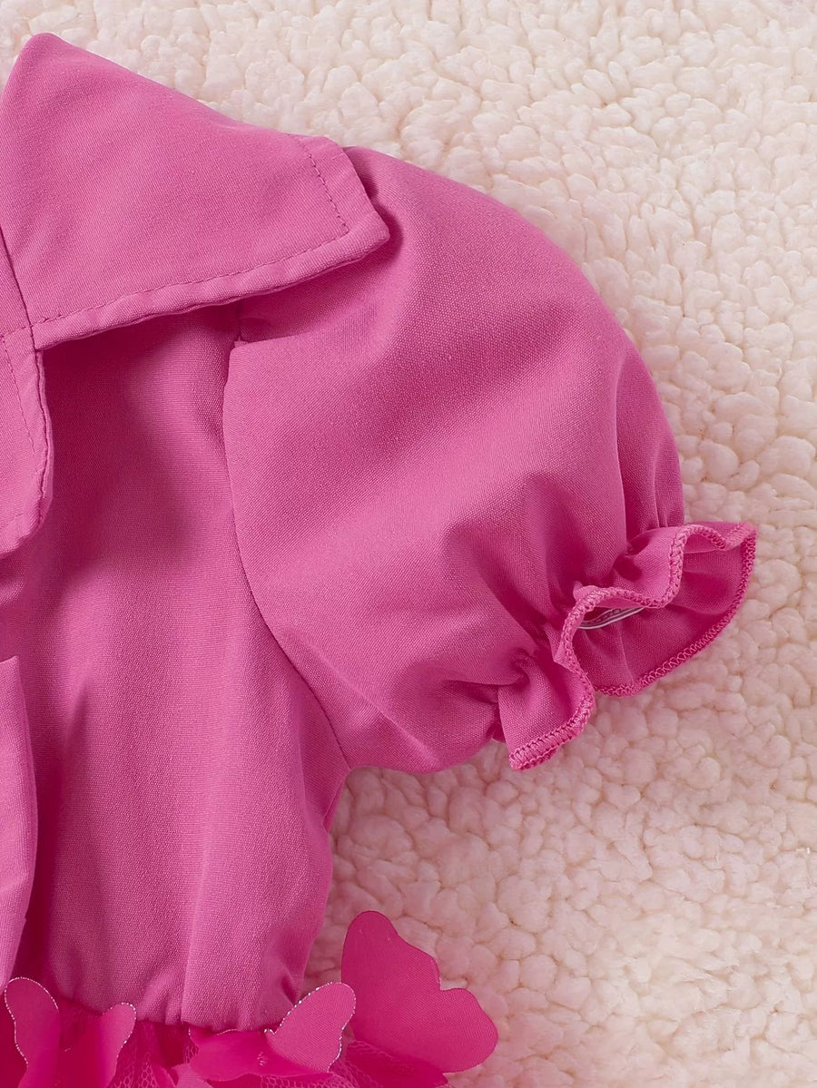 Pink baby dress with collared neckline, ruffled short sleeves and butterfly applique detail.