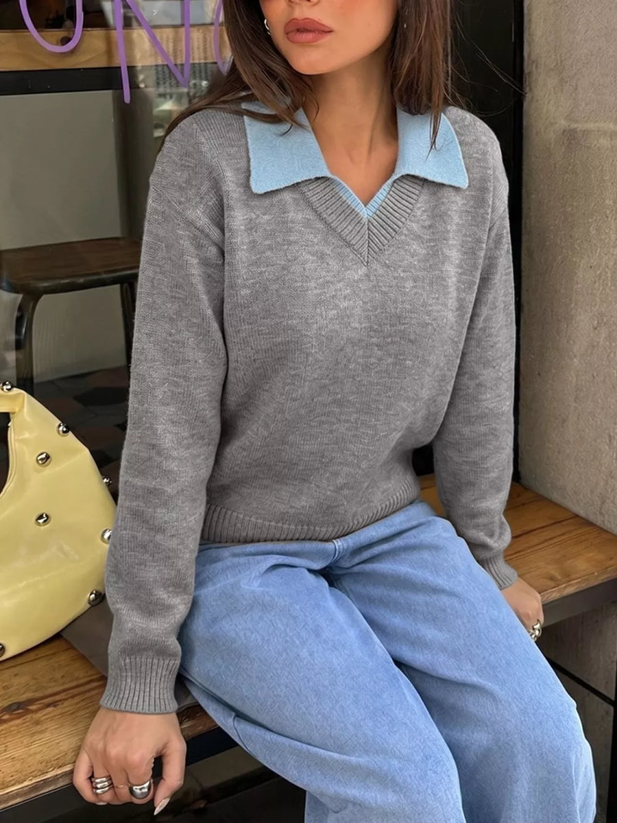 Gray with Contrast Collar Dropped Shoulder Sweater in Gray