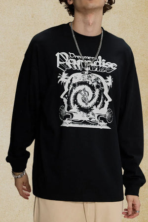 Black long sleeve graphic tee with bold white "Dreamers Paradise" print and abstract design.