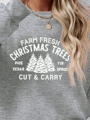 Graphic print cozy crewneck sweatshirt in charcoal with Christmas tree design.