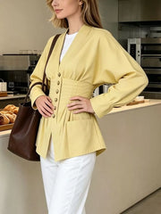 Pleated Waist Blouse With Button Detail in Brown with buttoned