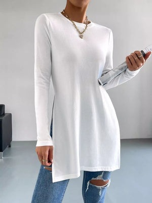White Long Sleeve Side Slit T-shirt