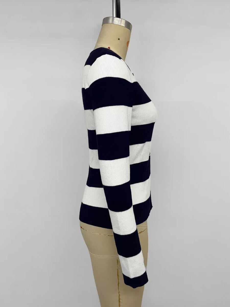 Striped Button-down Knit Cardigan in Black with buttoned