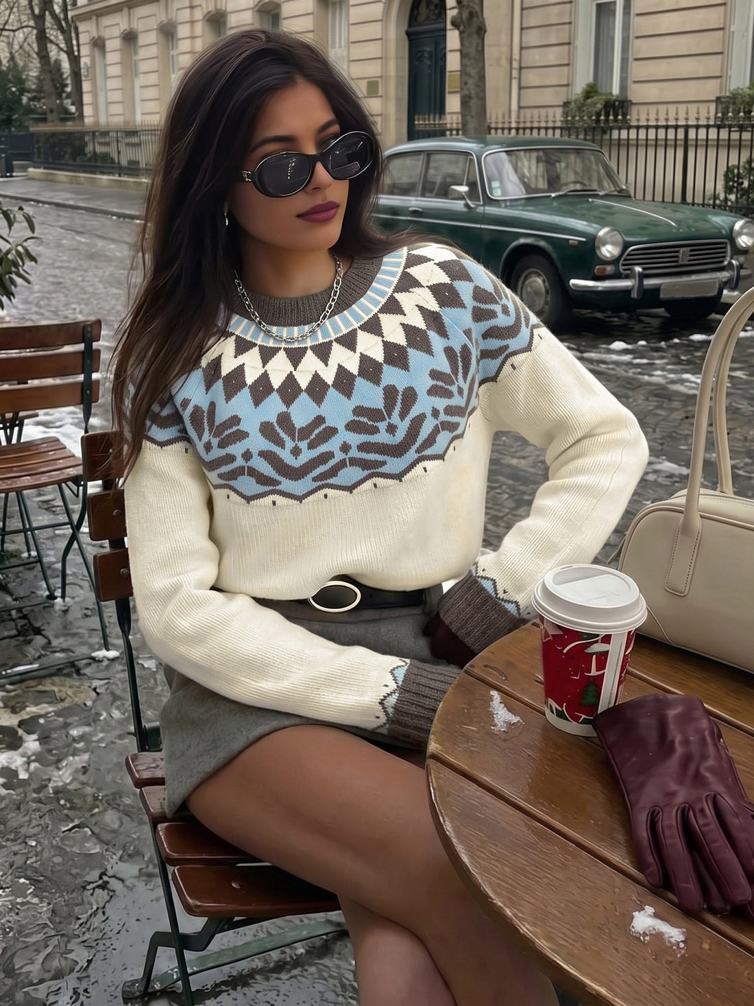 ivory pullover sweater with Fair Isle and crew neck